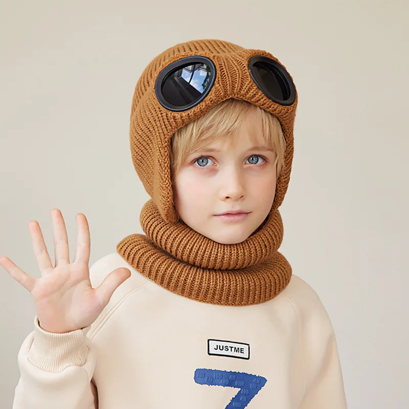 Conjunto de gorro y bufanda de punto para niño y niña, gorro con gafas de protección para las orejas, gorro de invierno, 4-10 años