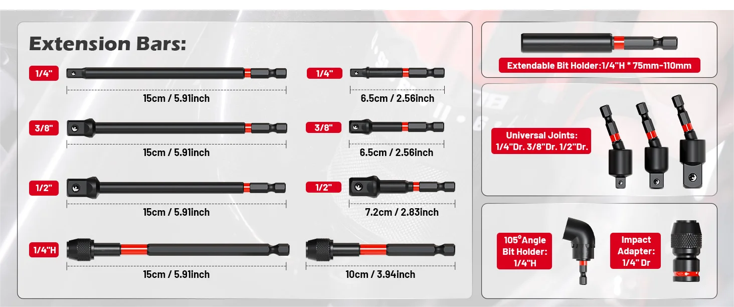 EZARC 14-teiliges Schlagschrauber-Adapter-Set 1/4" 3/8" 1/2" Vierkantantrieb Schnellverschluss Magnetischer Schwenkbarer Winkeladapter – Detail 2