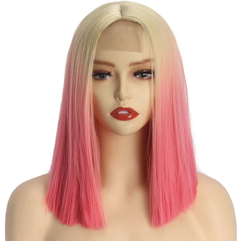 

European and American short straight hair , gradient pink wig, women's synthetic fiber headpiece lace wigs