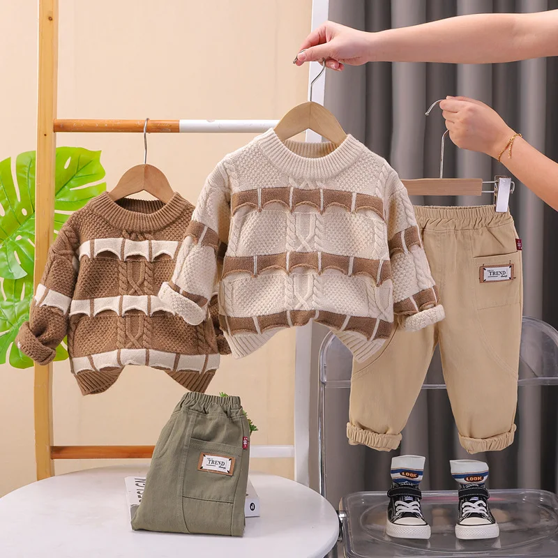 

Boys Knitted Clothing Sets Spring Autumn Children Woolen Jersey Sweaters Tops Pants 2pcs Casual Suit For Baby Tracksuits Kids 5Y