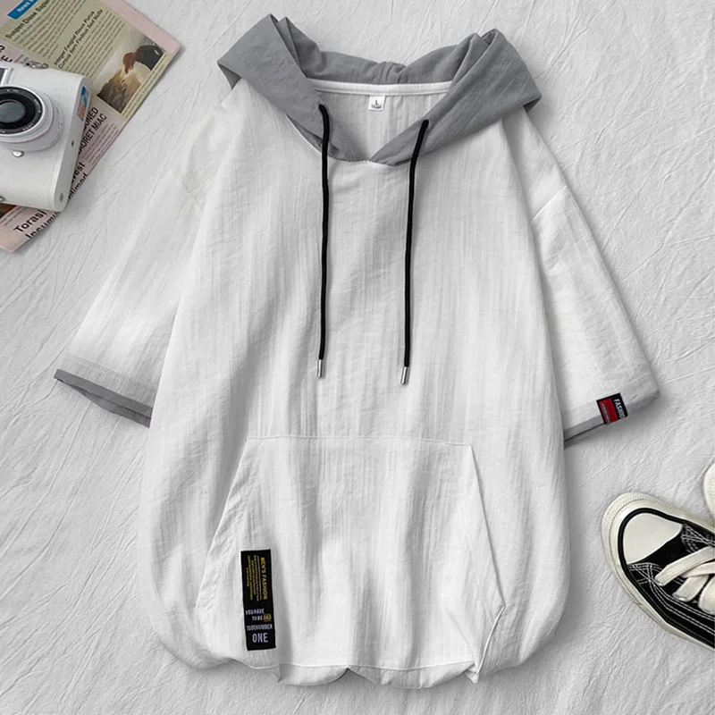 

GELITAYIN Summer Short Sleeve Hooded Sweatwear Men Thin Splicing Solid Color T-Shirts Shoulder Drawstring Loose-fit Front Pocket