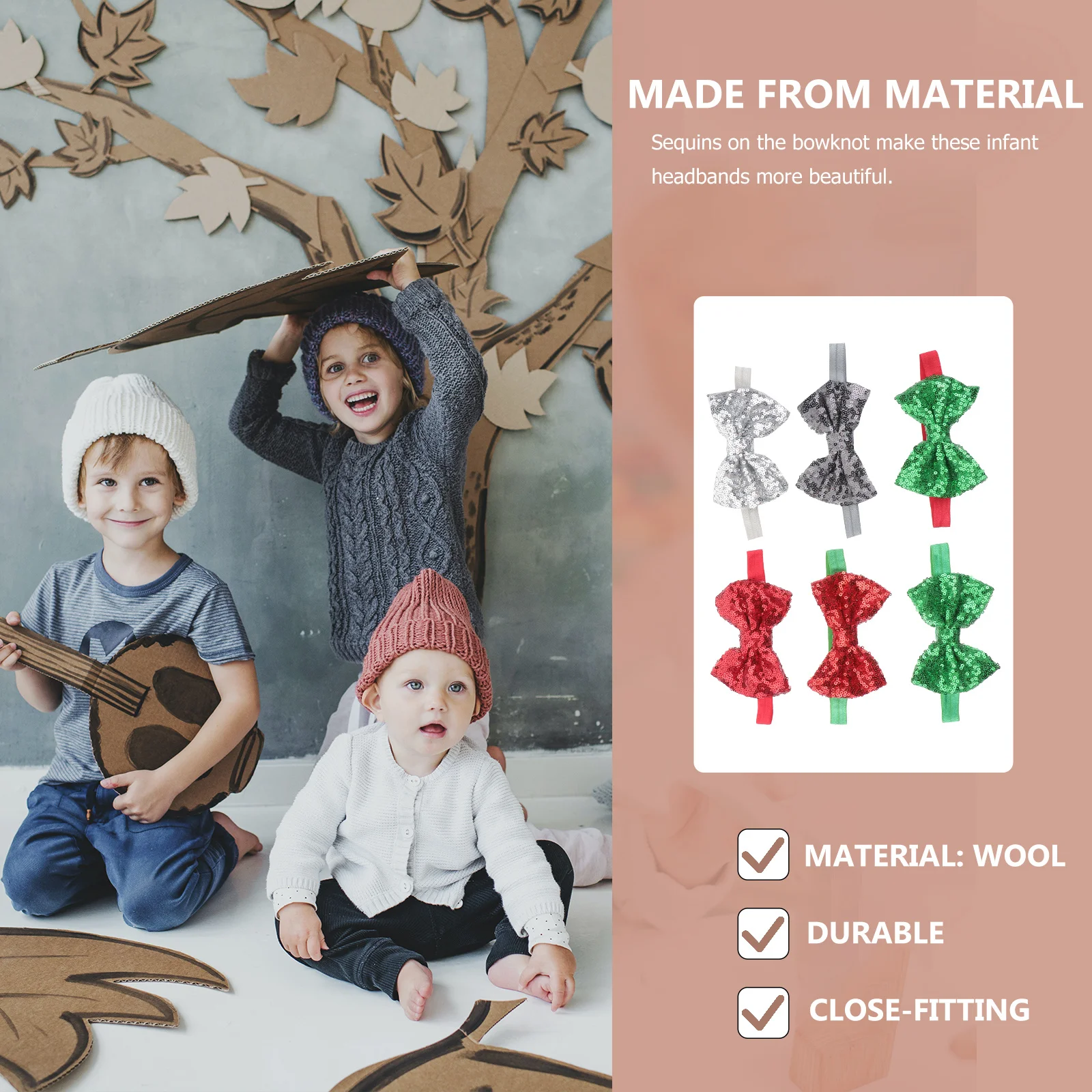 

6Pcs Bright Christmas Headbands Sequin Bowknot Design Comfortable Fit for Children Holiday Photo Props Kids Headbands