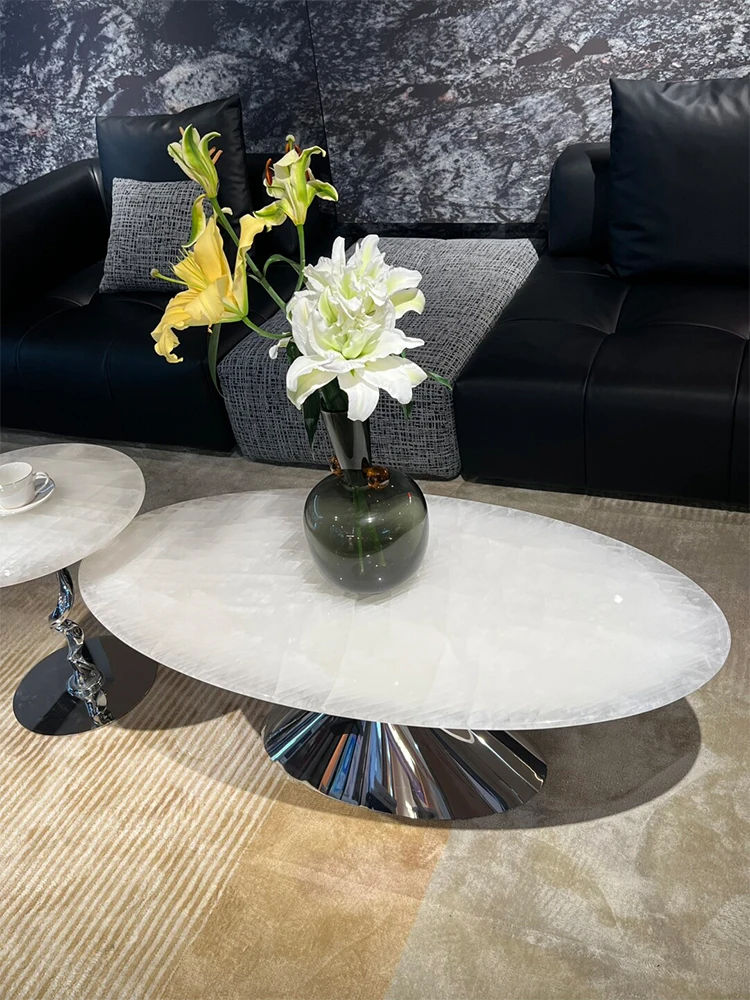oz- Oval Glacier Stone Coffee Table Set, Italian Minimalist S White Jade Table, Heat Resistant & Translucent, Master Design-