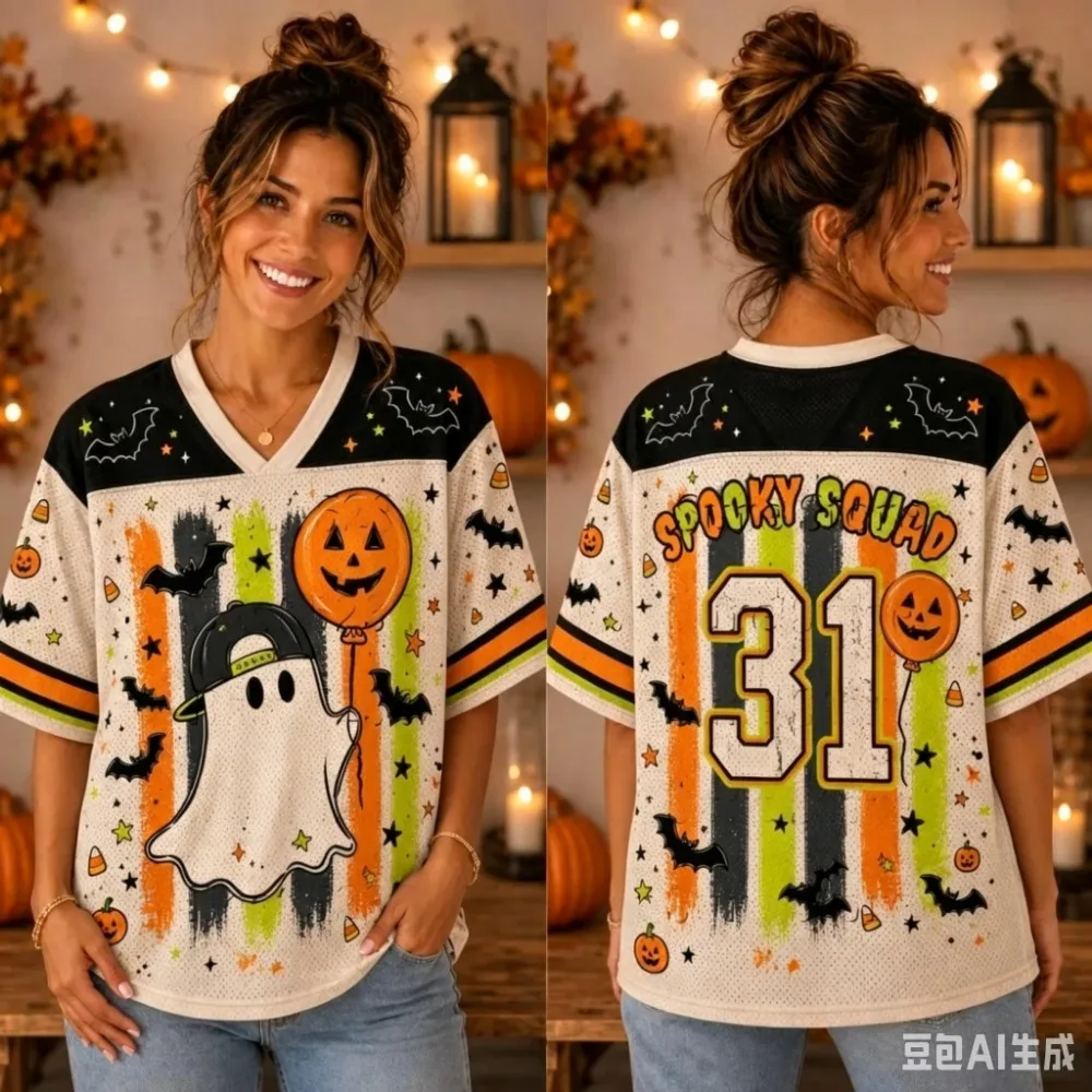 Halloween-Thema Retro-Sport Schnelltrocknend Atmungsaktiv 3D-Gedrucktes Herren V-Neck T-Shirt Street Fashion Hip-Hop Eltern-Kind-Kleidung – Detail 6