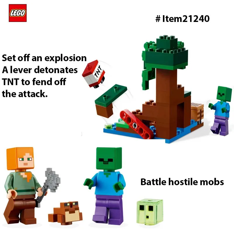 LEGO 21240 Minecraft Aventures dans le marais, avec figurines Alex et Zombie dans le Biome, cadeau d'anniversaire pour enfants, 65 pièces