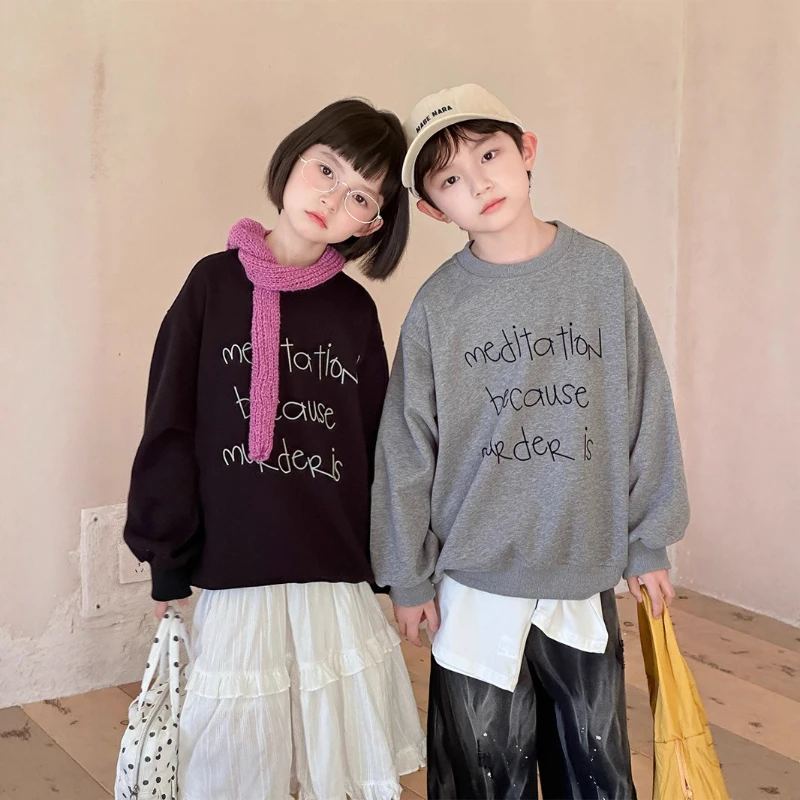 

2025 Autumn New Children's Plush Letter Loose Round Neck Versatile Long Sleeve Hoodie