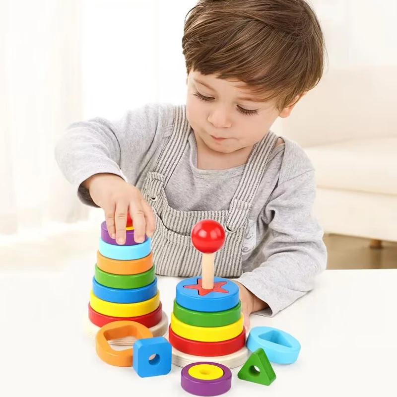 Montessori Toys Wooden Puzzle for Babies Kids 2 Years Rainbow Tower Game Activity Building Block Educational Geometric Cognitive