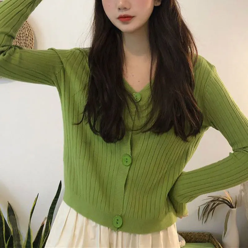 

Women's Autumn Korean Fashion Elegant Solid Color V-neck Long Sleeve Knitwear Women Clothes Simplicity Office Lady Casual Tops