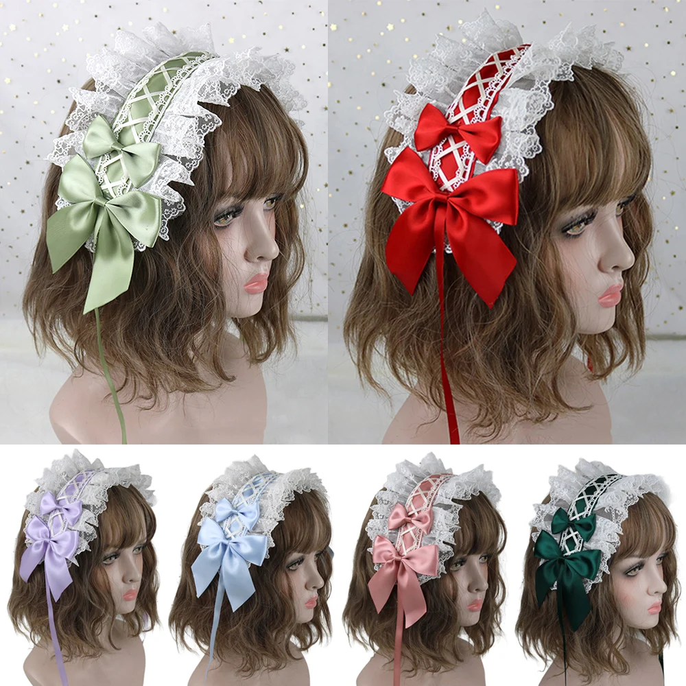 Anime Cosplay Headband Lolita Lace Hair Hoop DIY Handmade Hair Accessories Ruffled Lace Headpiece Lace Bow Ribbon Headdress Maid