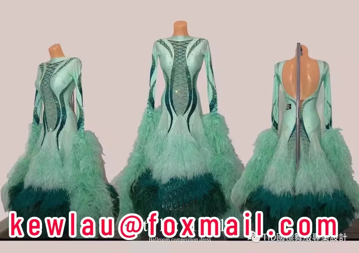 

WHYNOT DANCE New Luxury Ostrich Feather Customized Ballroom Waltz Dance Competition Dress GREEN Fast Free shipping