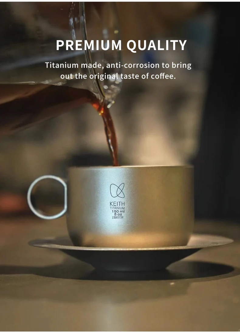 KEITH Kaffeetassen-Set aus reinem Titan, doppelwandiger, verbrühungssicherer Becher mit Untertasse und Löffel, 150 ml, für Zuhause, Camping, Büro, Geschenk Ti3601 – Detail 3
