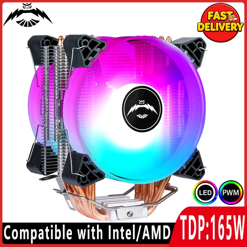 Processador silencioso com lâmpada colorida, radiador de tubo de calor 4/6, ventilador de cpu de 120mm, compatível com lga2011 x79 x99 115x 1200 1700 amd am3 am4
