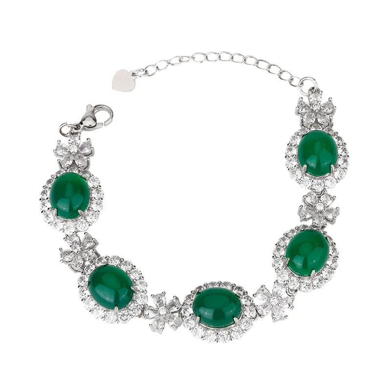 New Jewelry Green Chalcedony Fluorescent Bracelet Round Diamond Inlaid Jade Bracelet Women's Birthday Gift