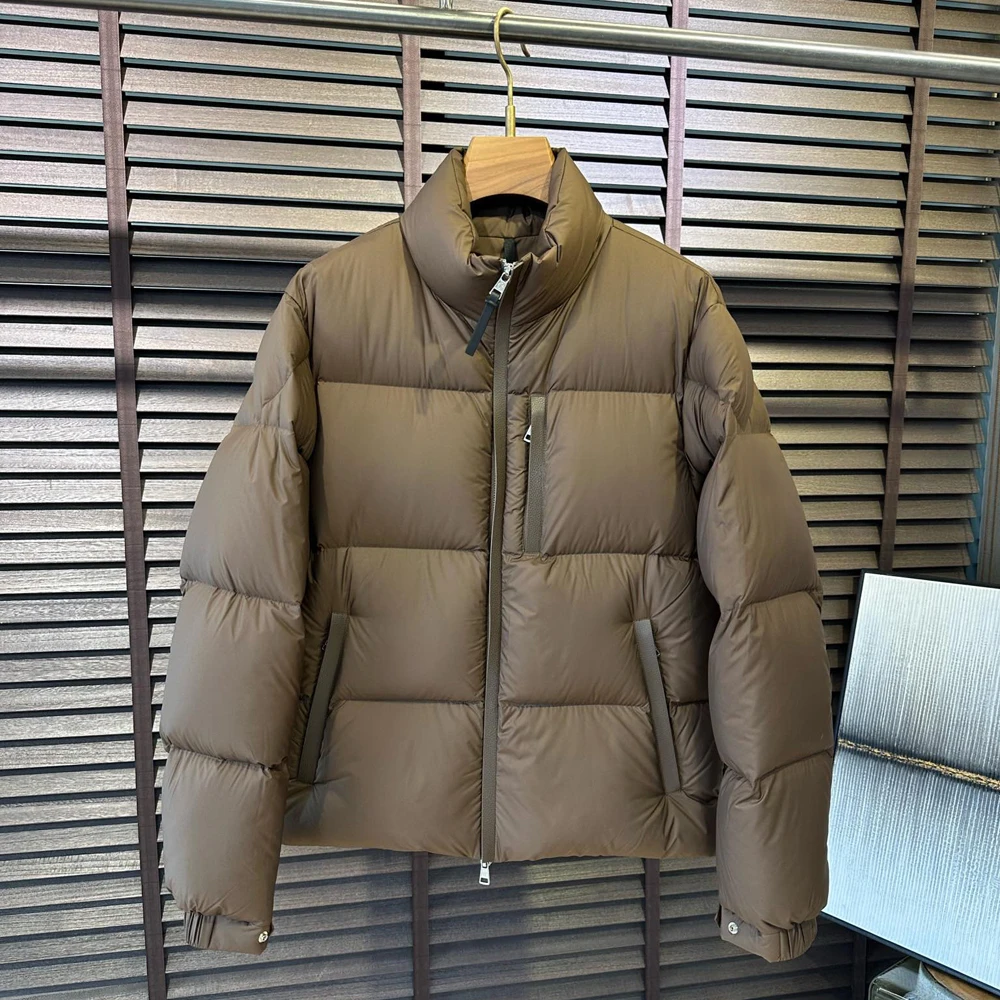 Winter Puffer Down Coat Jacket Full Zip Up Men Warm Outerwear Brown