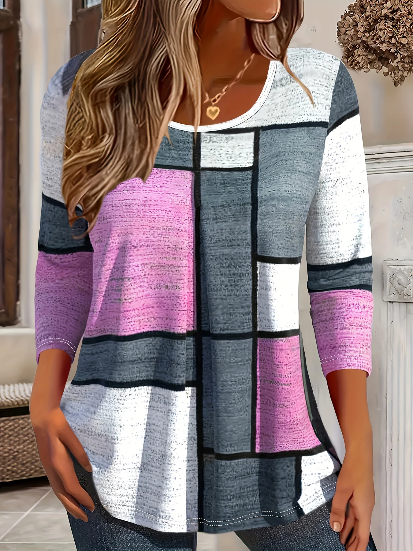 سترة نسائية كاجوال بأكمام طويلة وطباعة هندسية بمقاس كبير، مريحة وأنيقة ومتعددة الاستخدامات، مثالية للارتداء اليومي #5