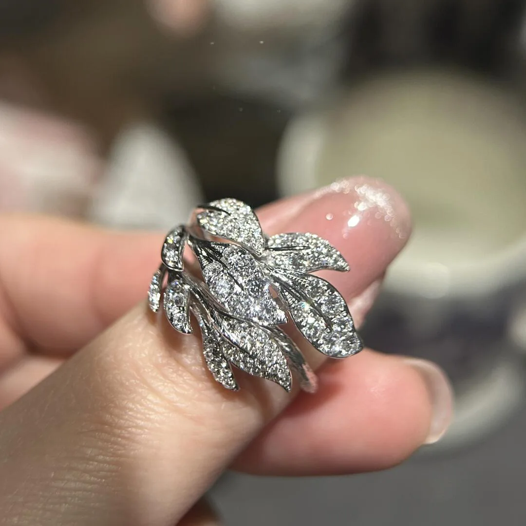 silver 925 inlay diamond sparkling leaf rings for women fashion luxurious trend High quality ring party jewelry gifts adjustable