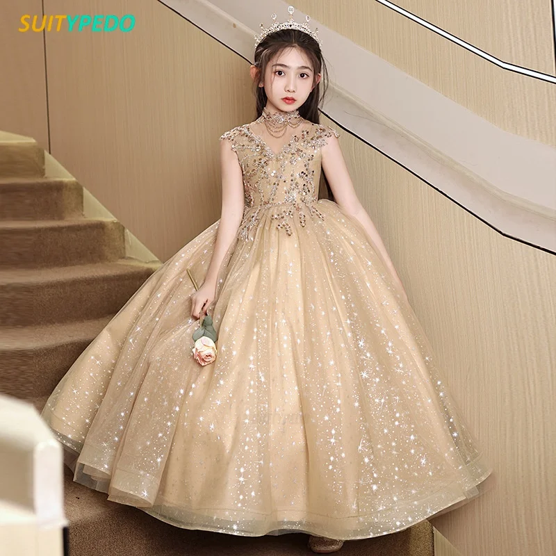 Elegnat-vestidos de fiesta de tul para niña, vestido de princesa de lujo para fiesta de cumpleaños para niños, vestidos formales de actuación de Piano con cuentas brillantes