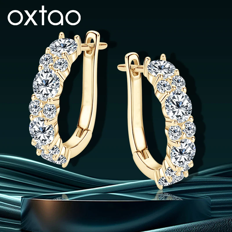 OXTAO Moissanite Hoop Earrings 4mm D VVS1 For Women 14K Gold Filled Sparkling Certified Huggie Earrings Engagement Jewelry Gifts