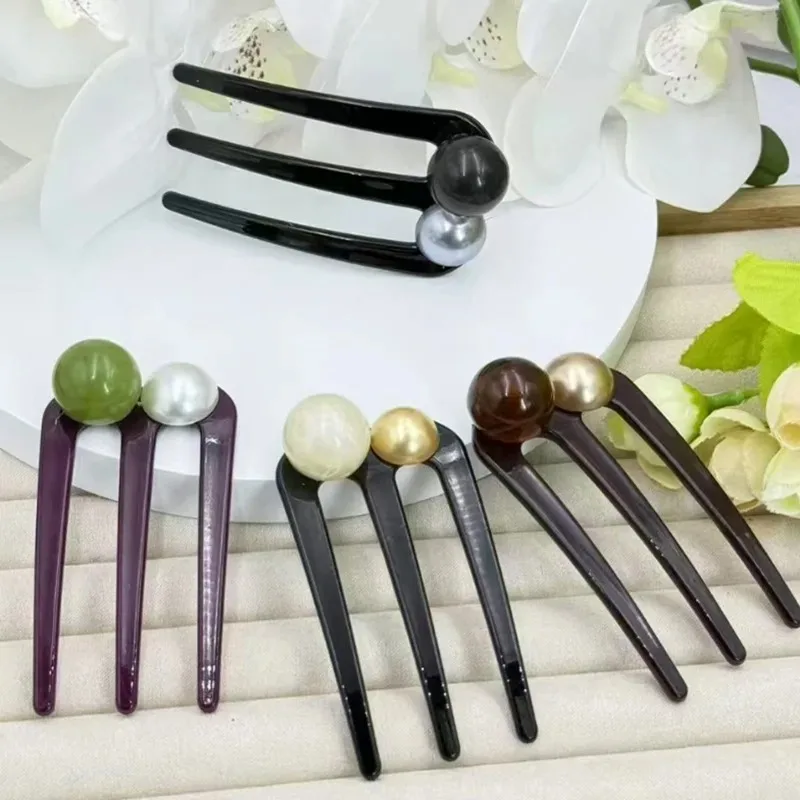Horquilla Vintage en forma de U, cuentas redondas acrílicas, moño para el cabello para mujer, estilo minimalista, palillos para el cabello, accesorios para el cabello