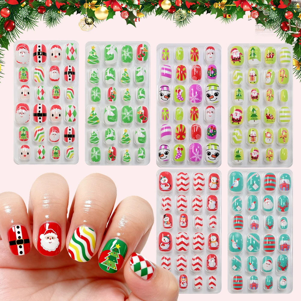 24 szt. Świąteczne sztuczne paznokcie do naklejania dla dzieci, paznokcie 3D z motywem Świętego Mikołaja, bałwana, płatka śniegu, renifera, drzewka, urocze ozdoby do paznokci.