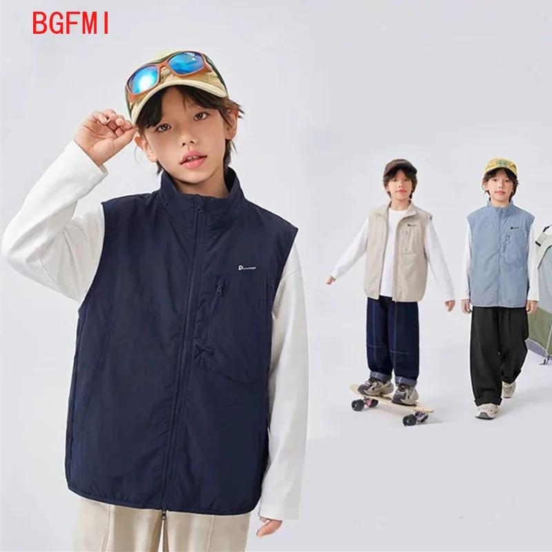 Teenager Boys Lightweight Outdoor Sports Vest Middle and Large Children's Casual Stand Up Collar Zipper Vest for Spring Summer