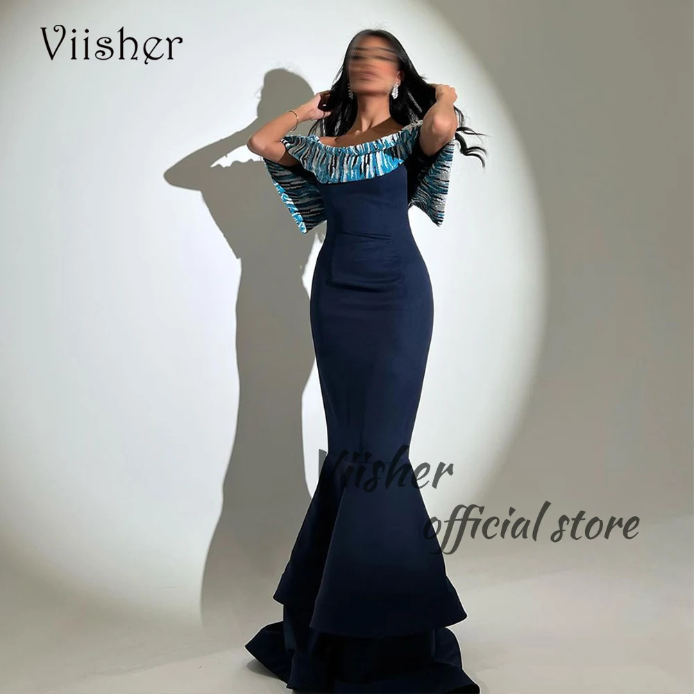 

Navy Blue Mermaid Evening Dresses Off Shoulder Arabic Dubai Prom Dress Floor Length Formal Occasion Gowns