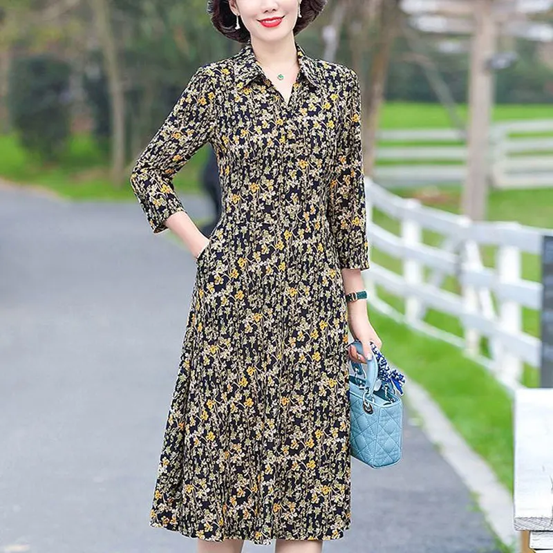 Vintage Broken Flowers Printed Dresses Spring Summer Half Sleeve Women's Clothing Commute Turn-down Collar A-Line Midi Dress New