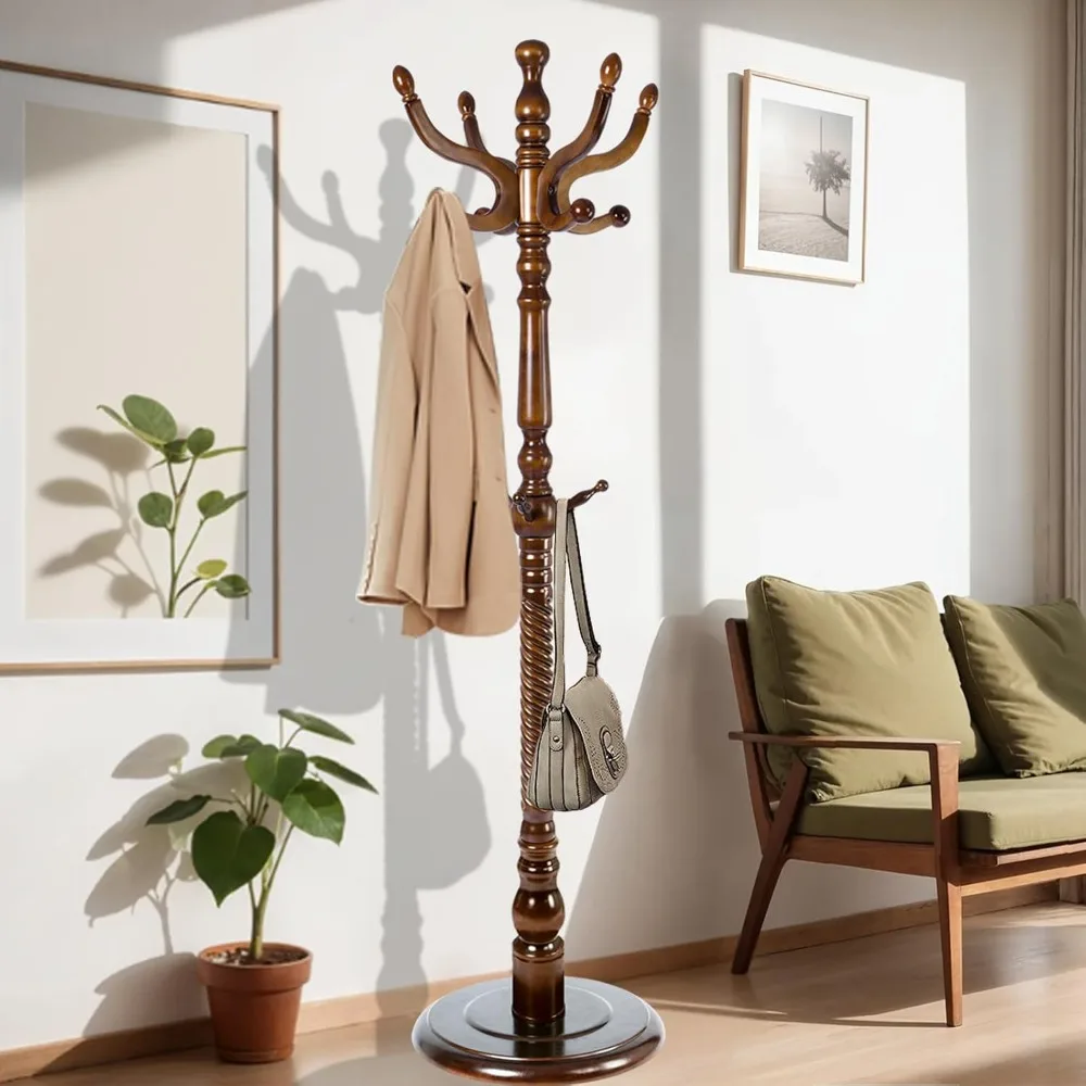 

73 in Wood Coat Rack, Coat Rack Freestanding with Stable Round Base, Adjustable Height Tree Coat Racks Stand for Home Bedroom Of