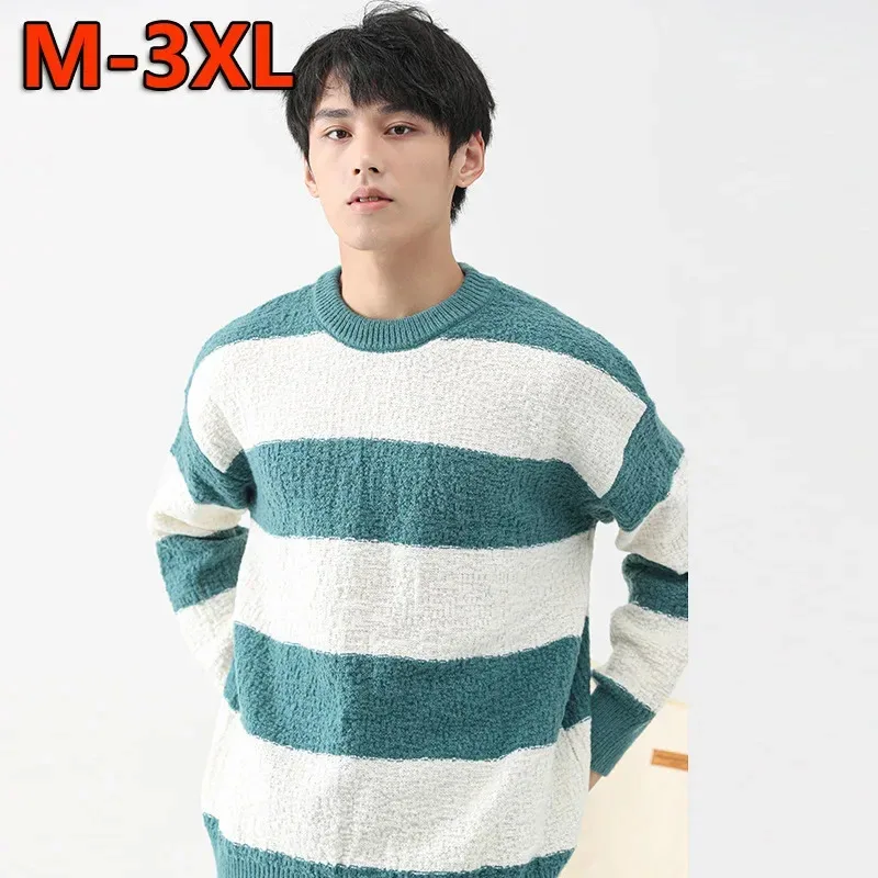 

Thickened Crew Neck Knitted Sweater for Men Casual Loose Inner Wear Winter Fashion Brand Striped Men's Leisure Clothes