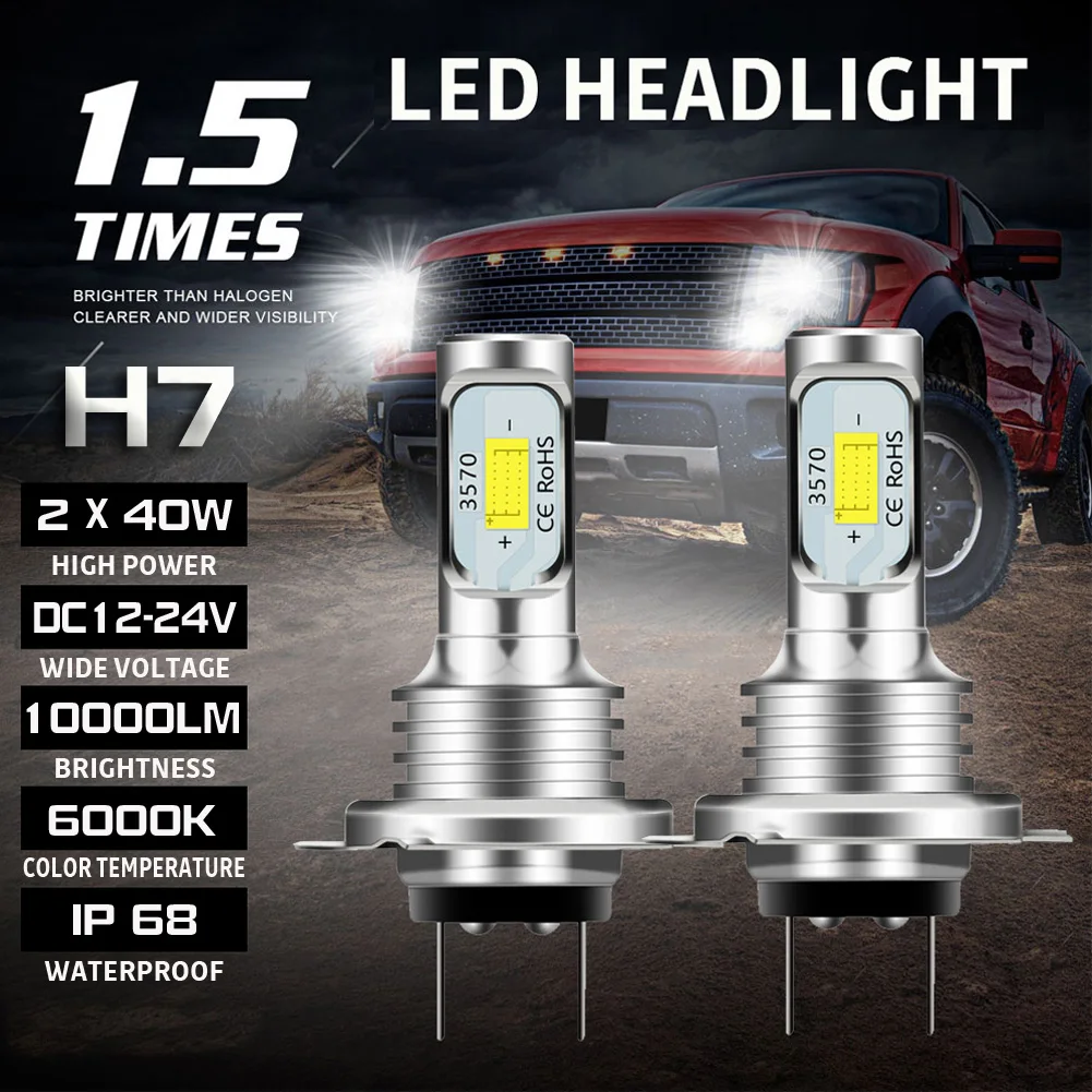 

2 x H7 LED Headlight Kit 80W 10000LM Beam Bulbs 6000K White IP 68 Waterproof Night light