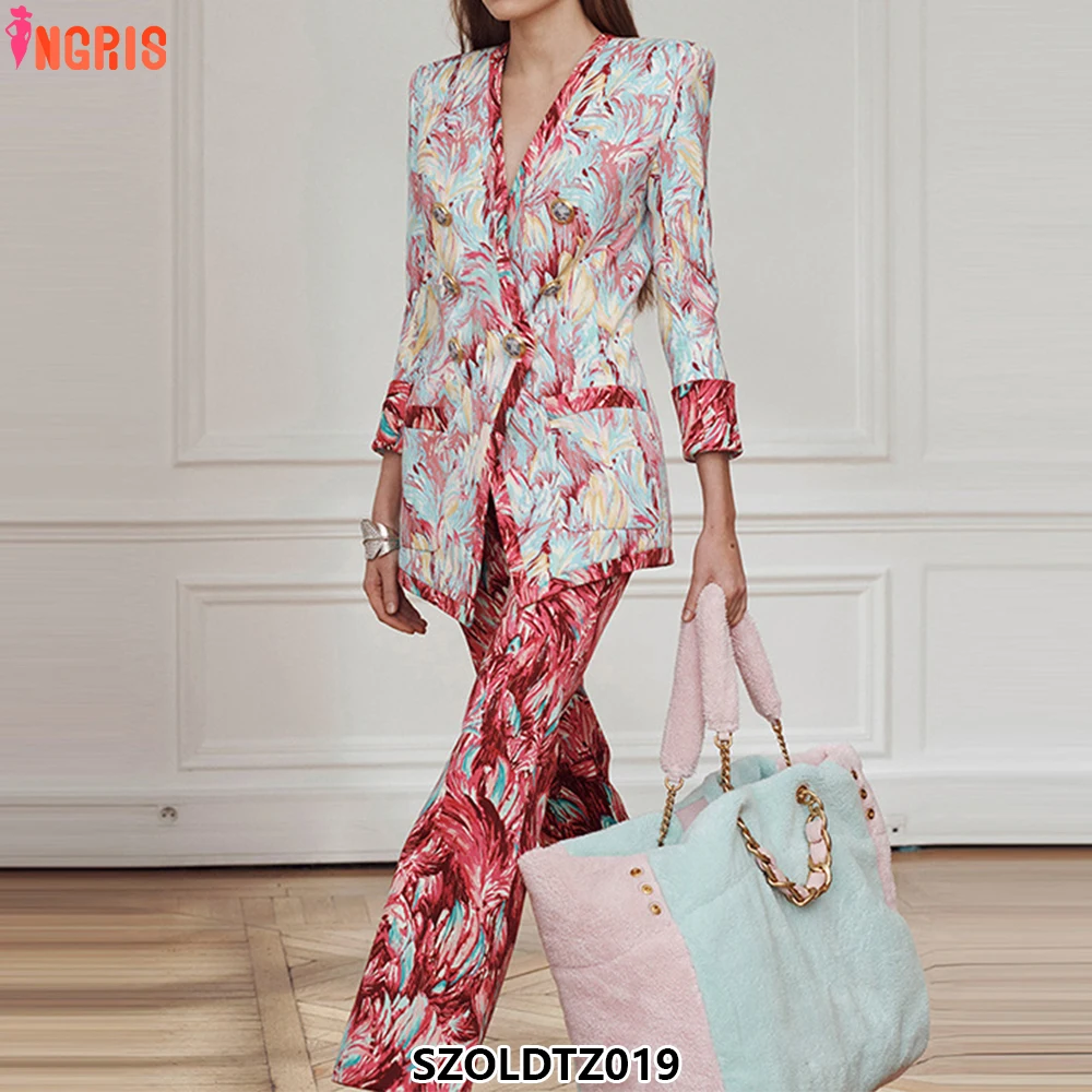 

2025 New Star Fashion Three-quarter Sleeve Feather Print Collarless Suit Jacket Micro Three-quarter Pants Suit-SZOLDTZ019
