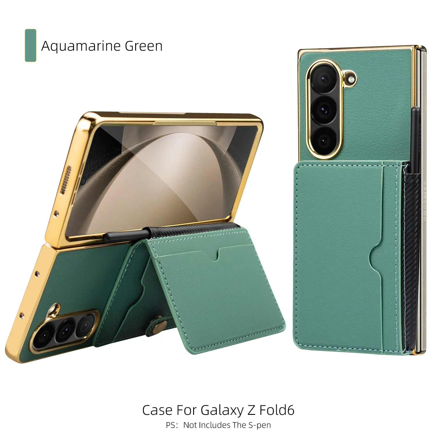

Green Premium Leather Cell Phone Cover for Samsung Galaxy Z Fold7 6 with Card Wallet Holder, Pen Slot, Plating TPU Frame