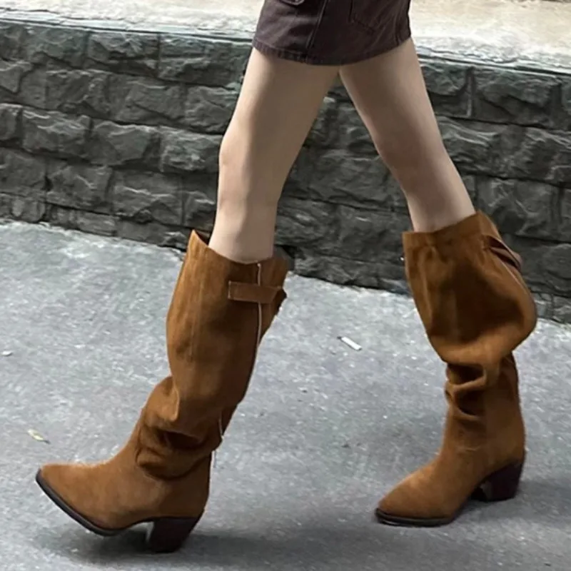 

Mid Heels Pointed Toe Women Mid Calf Boots Fashion Suede Winter New Shoes 2025 Designer Elegant Long Boots Dress Pumps Zapatos