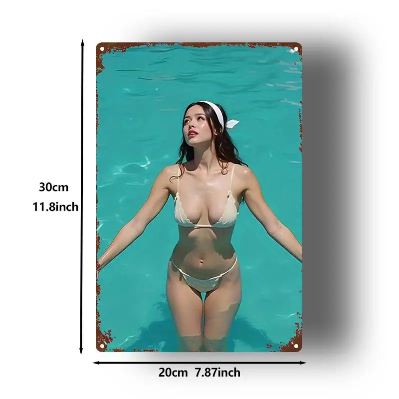 [Enable ] 2D Flat 2D Flat Metal Sign, 1pc, Poolside Temptation: White Lace Bikini Beauty Art, 8X12 Inches (20X30 Cm) Retro Wroug
