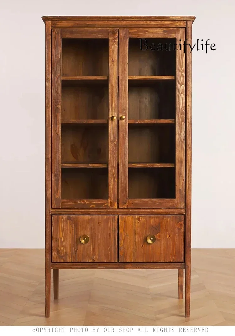 

J SS American Light Luxury Solid Wood Bookcase Floor-to-ceiling Bookshelf Premium Black Storage With Glass Door Wine Cabinet