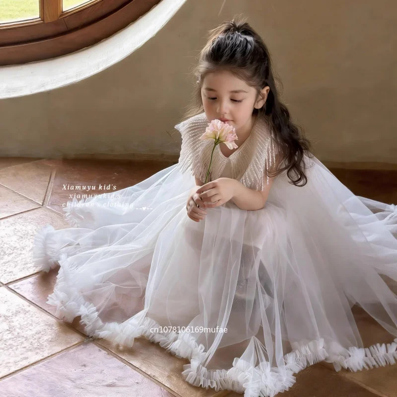 new-white-mesh-princess-dress-with-elaborate-tassel-collar-for-girls'-birthday-party