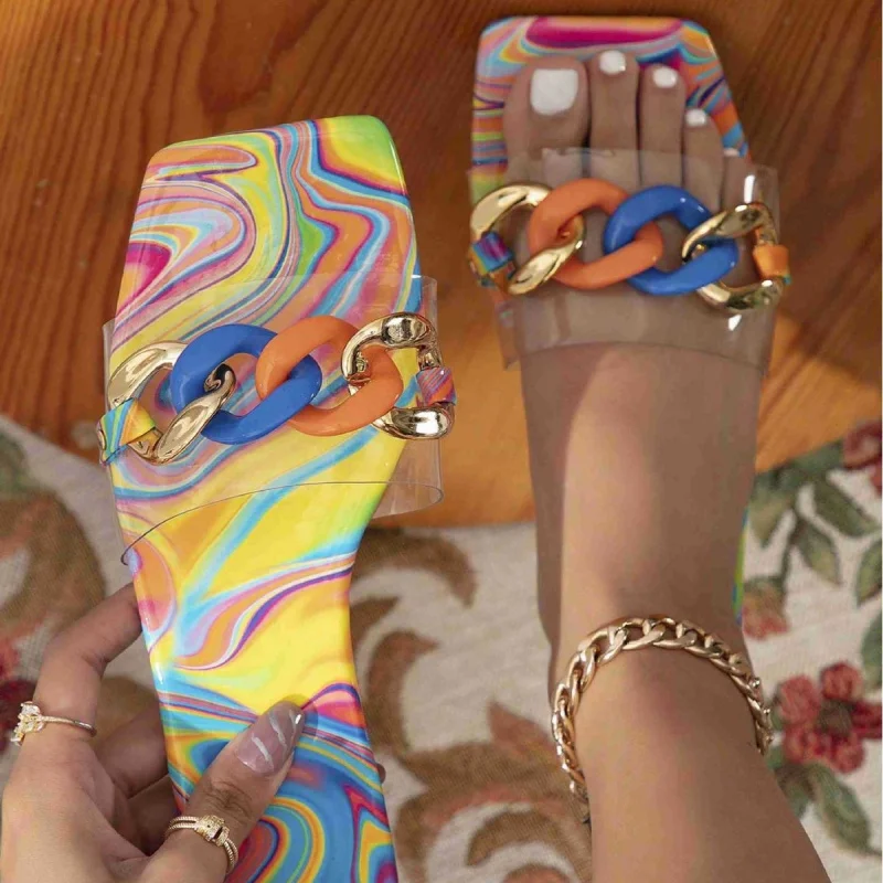 

Women's Flat Square-Toed Slippers Sandals Colorful Vacation Style Sexy Chain Women's Slippers Fashionable Women's Sandals
