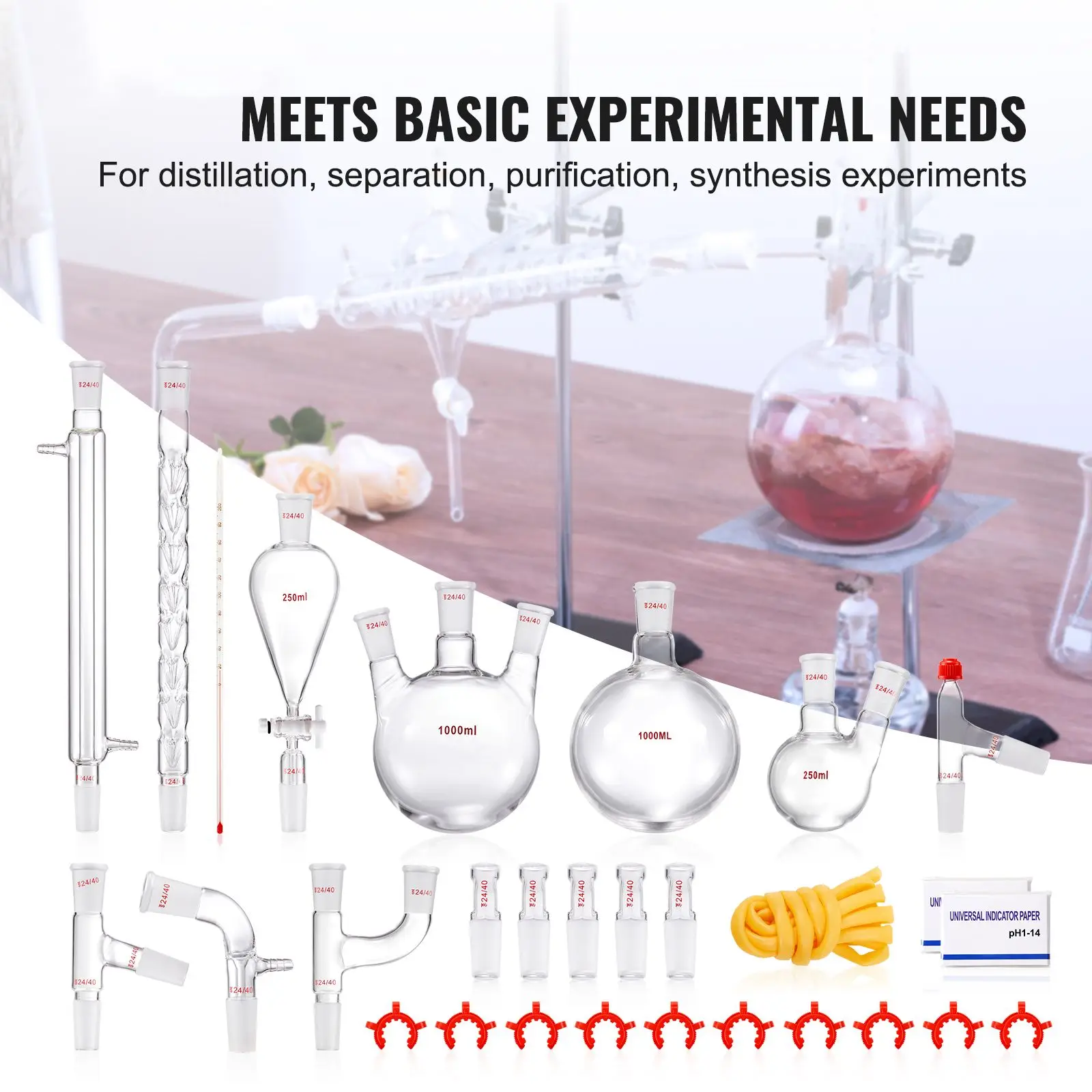 Lab Distillation Kit, 3.3 Boro Lab Glassware Distillation Kit with 24, 40 Joint, 1000ml Essential Oil Distillation Apparatus Kit