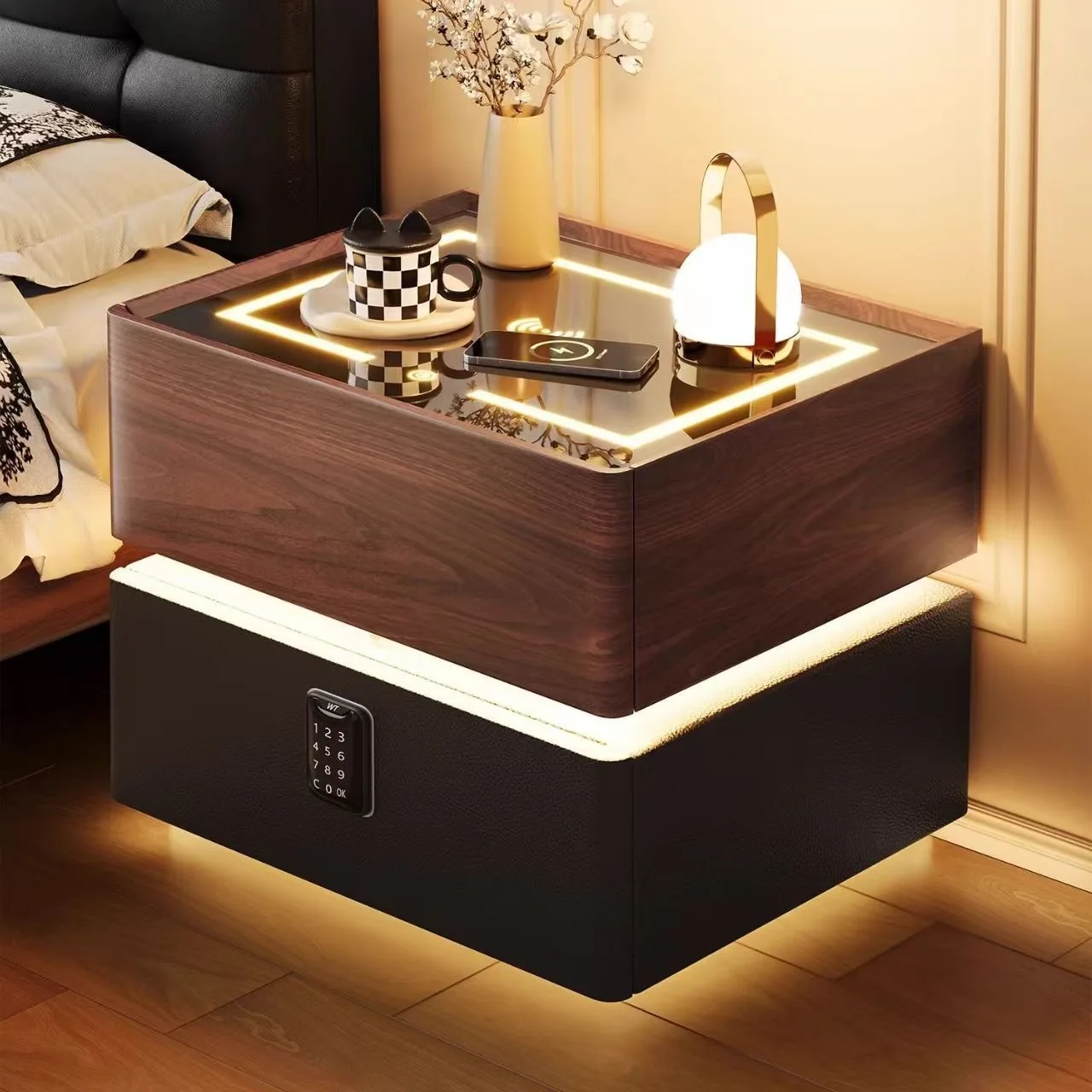 

Hot-selling Bedroom Furniture: Smart Bedside Table with Built-in Speakers, Modern Gray Bedside Table with Wireless Charging.