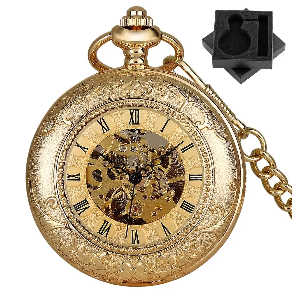 Golden Double Hunter Mechanical Hand Winding Pocket Watch Transparent Glass Roman Numerals Dial FOB Chain Pendant Clock Gift
