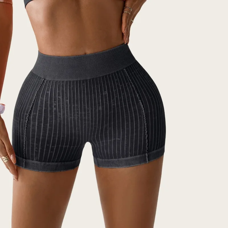 Women High Waist Seamless Ribbed Yoga Shorts V Back Butt Lifting High Elastic Washed Gym Workout Running Fitness Athletic Shorts