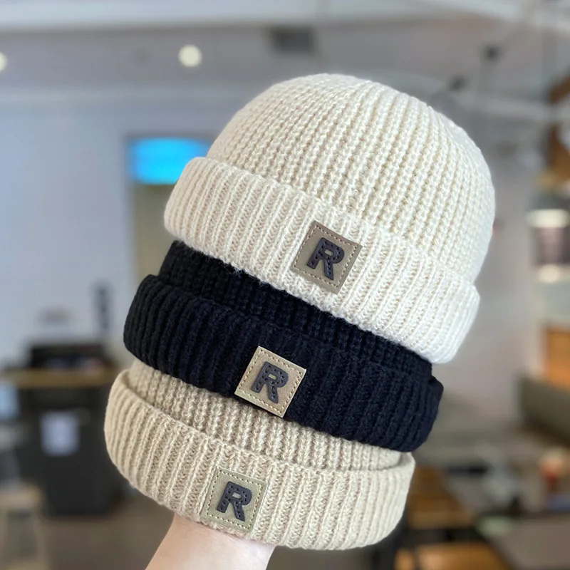 Vintage Fashion Baby Brimless Hat Autumn Winter Knitted Warm Beanie Cap For Kids Solid Color R Letter Boy Girl Docker Caps