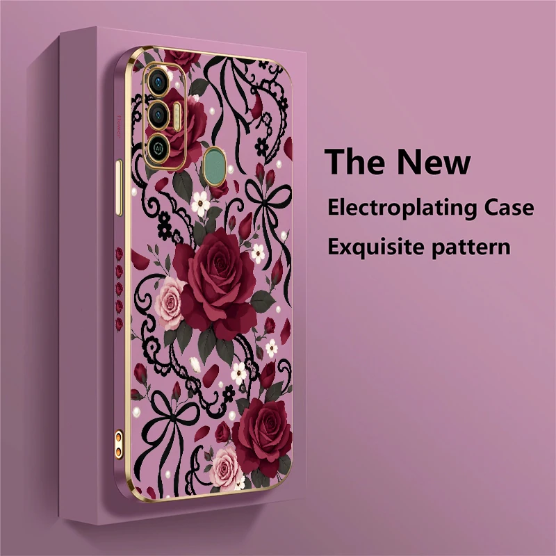 Red Rose Bow tie Pattern Phone Case For Tecno Spark 20 Pro 8C 7 Pro 7T 6 Go 1 5Air Plating Silicone Soft Anti Scratch Cover Capa - view 3