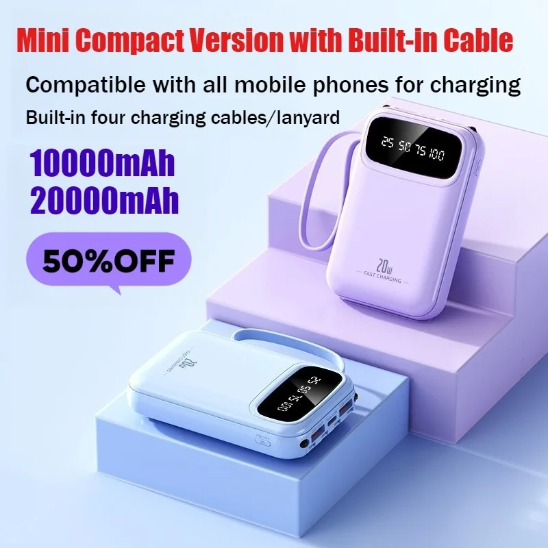 20000mAh High-Capacity Mini Power Bank with Built-in Cable 3C Certified