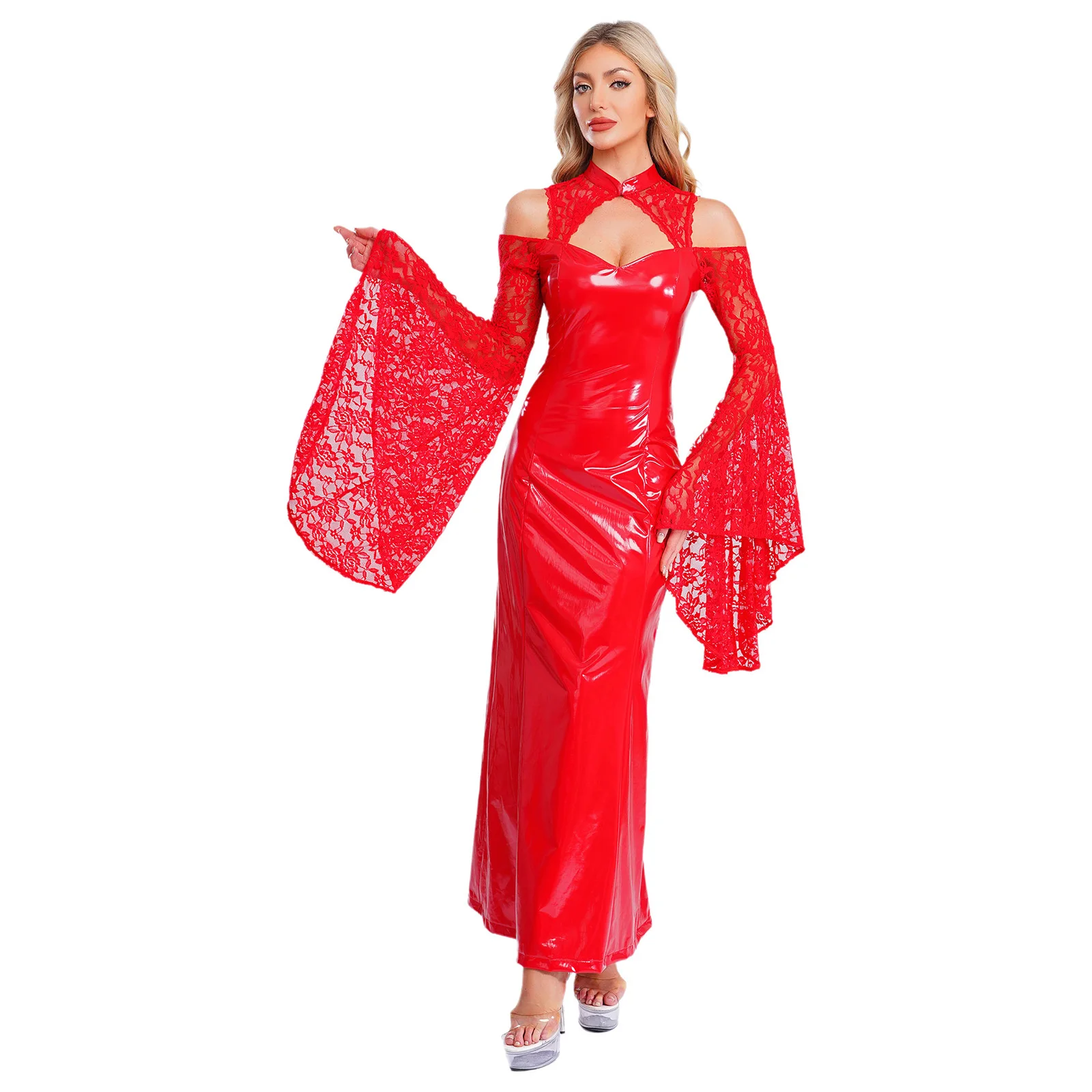 

Women Steampunk PU Leather Wet Look Maxi Dress Flared Sleeve Slim Fit High Waist Dress for Party Club Raves Dating Fancy Dress