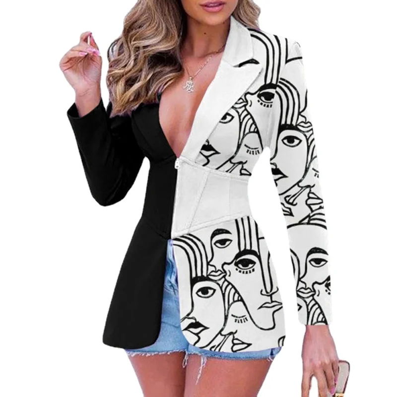 Autumn Vintage Abstract Printing Office Lady Blazer Coat Turn-down Collar Patchwork Outerwear Winter Long Sleeve Slim Women Tops