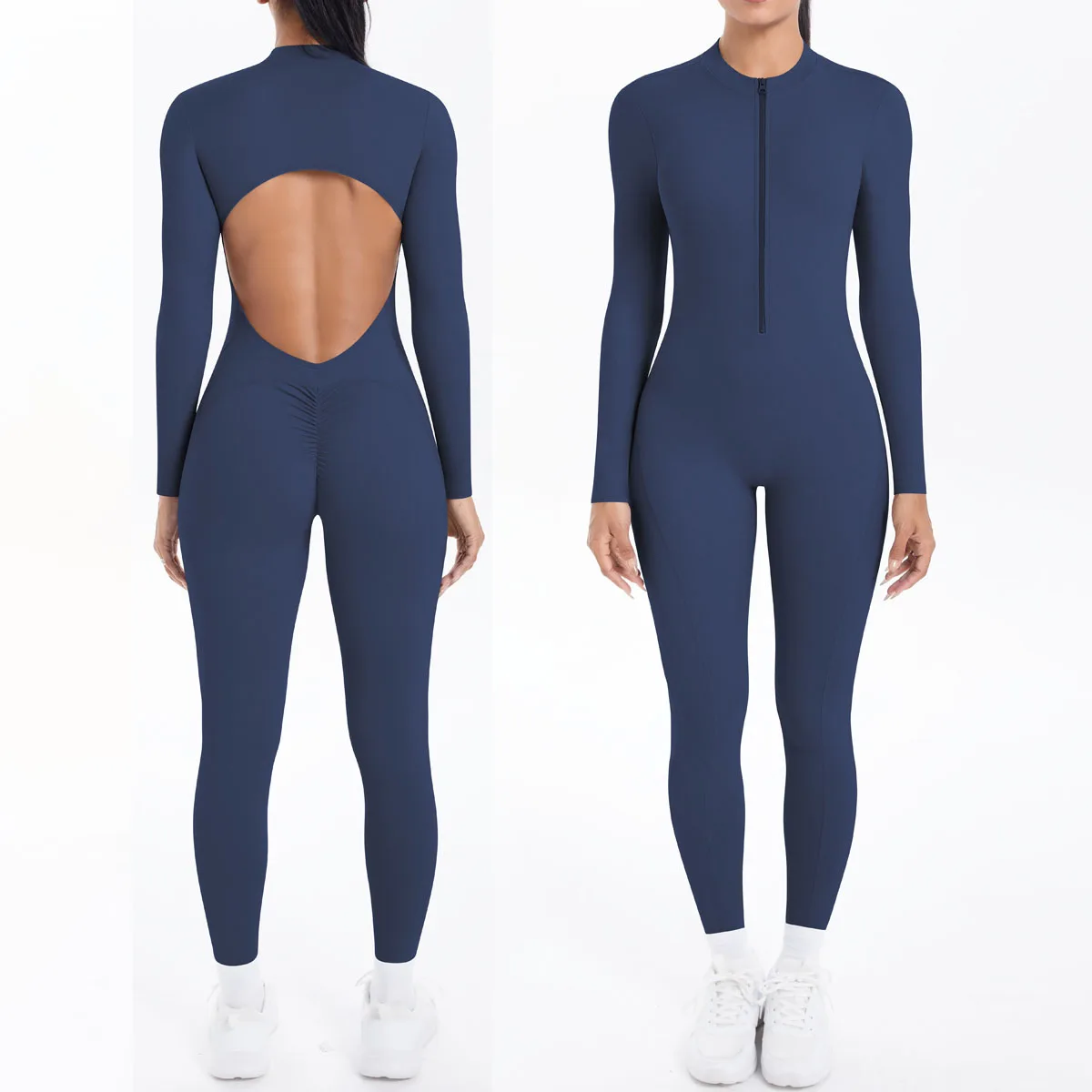 Body de Color liso para mujer, monos de Yoga de manga larga con espalda descubierta y cremallera, conjunto de ropa deportiva para entrenamiento de alta resistencia