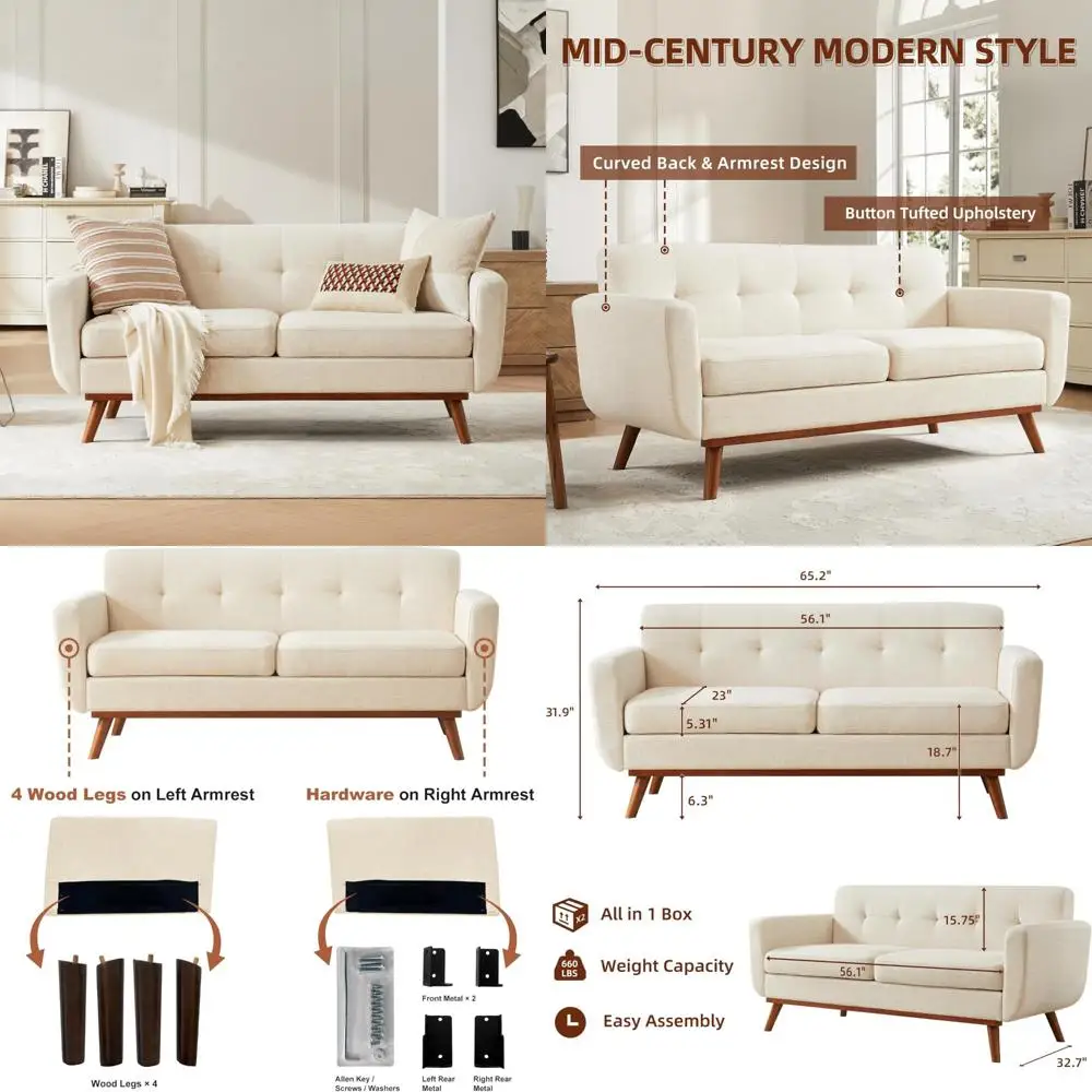 

Mid Century Modern Loveseat Sofa, Button Tufted Upholstered Couch for Living Room, 65.2W, S Size