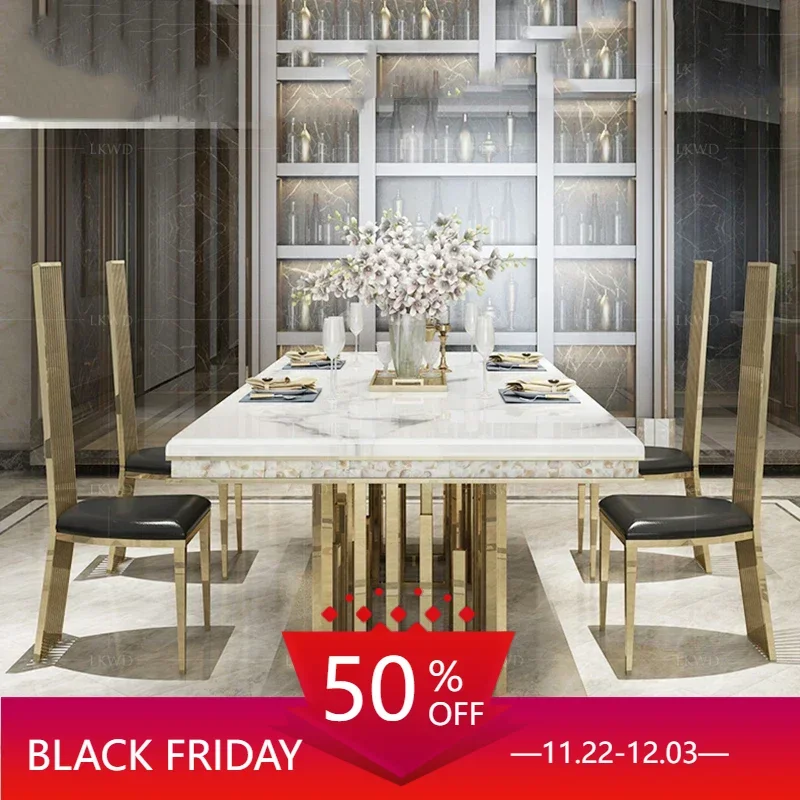 

Luxury Garden Stainless Steel Dining Room Modern Marble Complete Dining Table Rectangle Table Home Multifunction Furniture HY