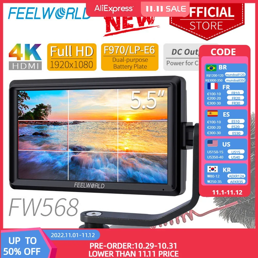 FEELWORLD FW568 5.5 inch Camera Field DSLR Monitor Small Full HD 4K HDMI 1920x1080 IPS Video Focus Assist for Sony Nikon Canon